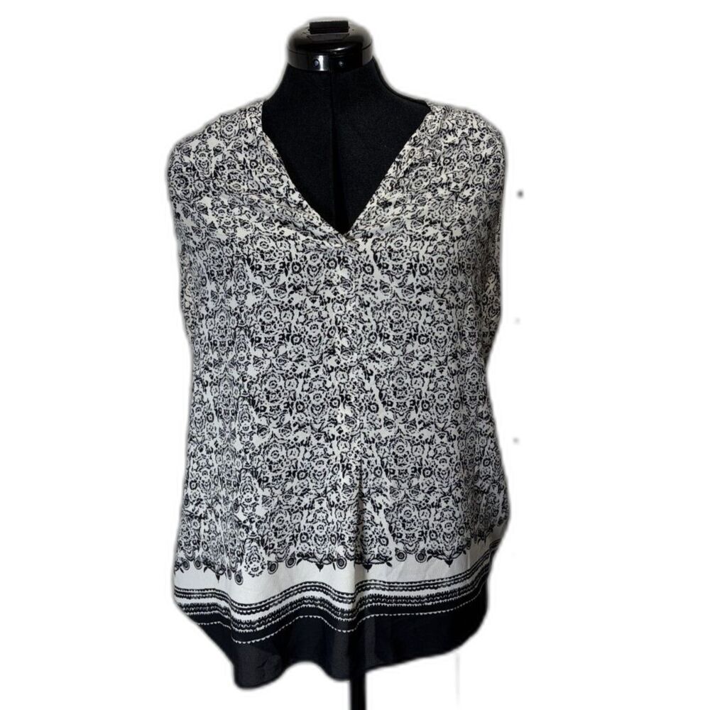Rose + Olive Black White Paisley Floral V-Neck Blouse Women's Size L